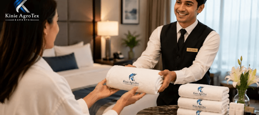 Hotel staff member presenting a premium white Kinie AgroTex towel to a guest in a luxury hotel room, with folded branded towels displayed nearby.